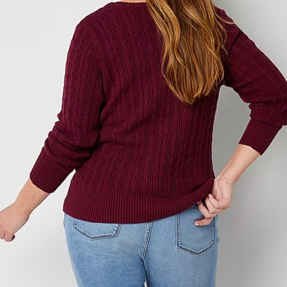 St. John's Bay V Neck Long Sleeve Cable Knit Pullover Sweater -1X Deep Ruby - Picture 5 of 5